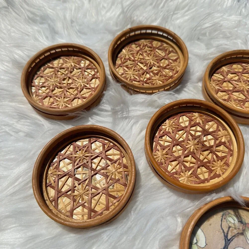 Vintage 7 Piece Set Bamboo Boho Coasters Ornate Midcentury Retro Mod Geo Decor
